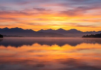 Fototapeta premium Sunrise Reflecting on Lake with Mountains in the Background Nature Scene