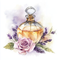 Watercolor perfume bottle illustration with pastel background.