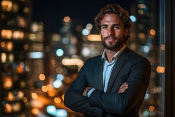 Fototapeta premium Confident businessman posing against a vibrant city skyline at night with city lights sparkling in the background