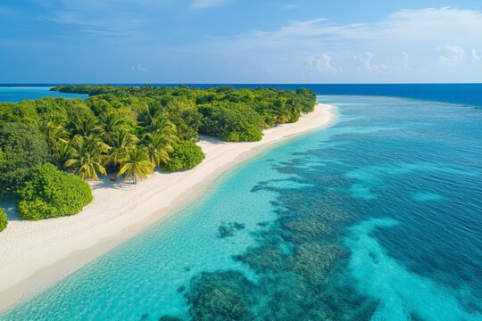 Tropical paradise featuring a sandy beach surrounded by lush greenery and clear turquoise waters under a bright blue sky