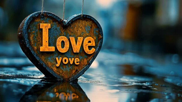 Rustic wooden heart with "Love yo ve" inscription reflecting in water.