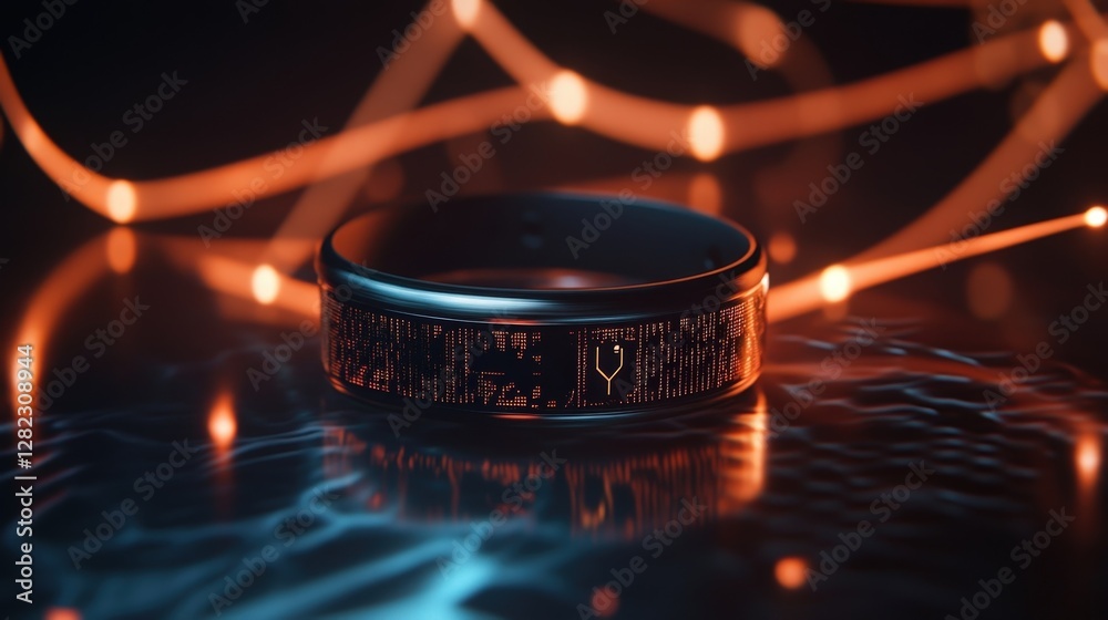 Poster glowing smart ring is displaying encrypted data and protecting user privacy with advanced cyber secu