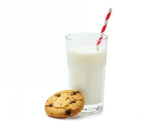 A glass of milk, isolated on a white background, with a straw and a cookie on the side.
