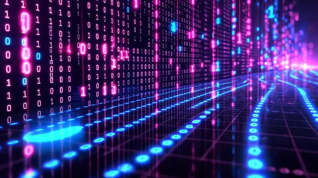 Futuristic digital data stream flowing on a neon illuminated surface.
