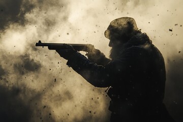Man firing a shotgun in a misty environment at dusk with smoke and dust rising around him