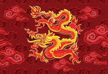 Batik design with dragon motif with dragon, cloud and flower background. Mandarin translation: Dragon