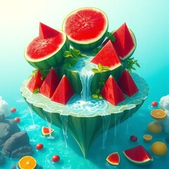 Watermelon Island With Slices Of Watermelon And Water
