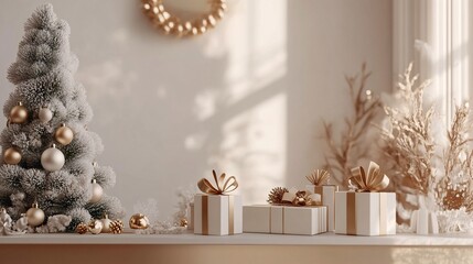 White and gold christmas theme with a frosted tree and presents on a fireplace mantel