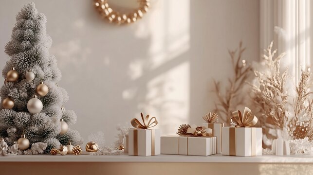 White and gold christmas theme with a frosted tree and presents on a fireplace mantel