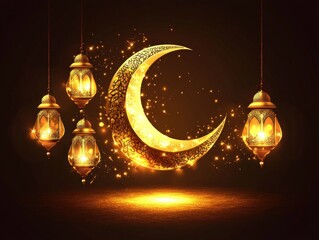 Golden crescent moon with hanging lanterns in a celebratory design with glowing particles on a dark backdrop. Perfect for festive occasions
