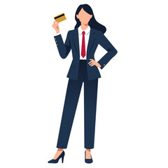 A businesswoman holding a credit card, representing finance and professionalism.