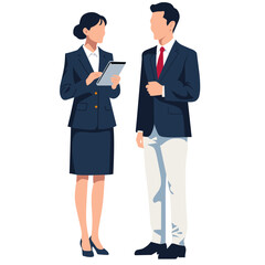 Two professionals engaged in a discussion, one holding a tablet.