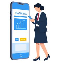 A businesswoman using a mobile banking app with a graph display.