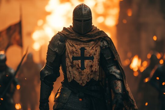 Knight in battle armor walks through flames with fellow warriors during a medieval conflict inspired event at sunset