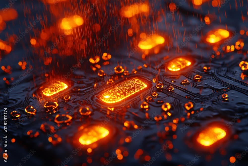 Poster intricate patterns of glowing orange and water droplets merge in a captivating display of fluid dyna