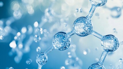 A molecule structure is rendered with water droplet spheres