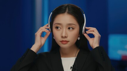 Focused Journalist: A portrait of a determined female journalist in a sleek, professional environment, adjusting her headphones, ready to deliver breaking news or conduct an insightful interview.
