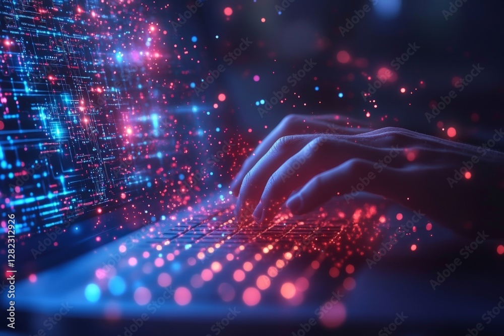 Poster hands typing on a laptop with glowing data visualizations and colorful particles in a dimly lit envi