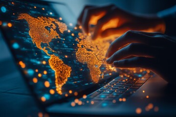 Hands typing on a laptop displaying a glowing map of the world on a digital screen in a dimly lit environment