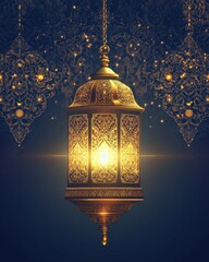 Golden lantern with intricate patterns against a dark blue background with sparkling lights creating an atmosphere of celebration