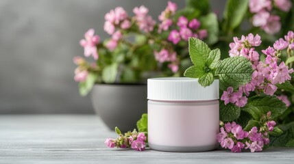 Fototapeta premium Pink cream jar with flowers, spa setting, beauty product