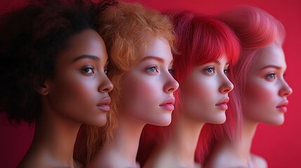 Obraz premium Mannequin Heads with Diverse Hairstyles Against Red Background
