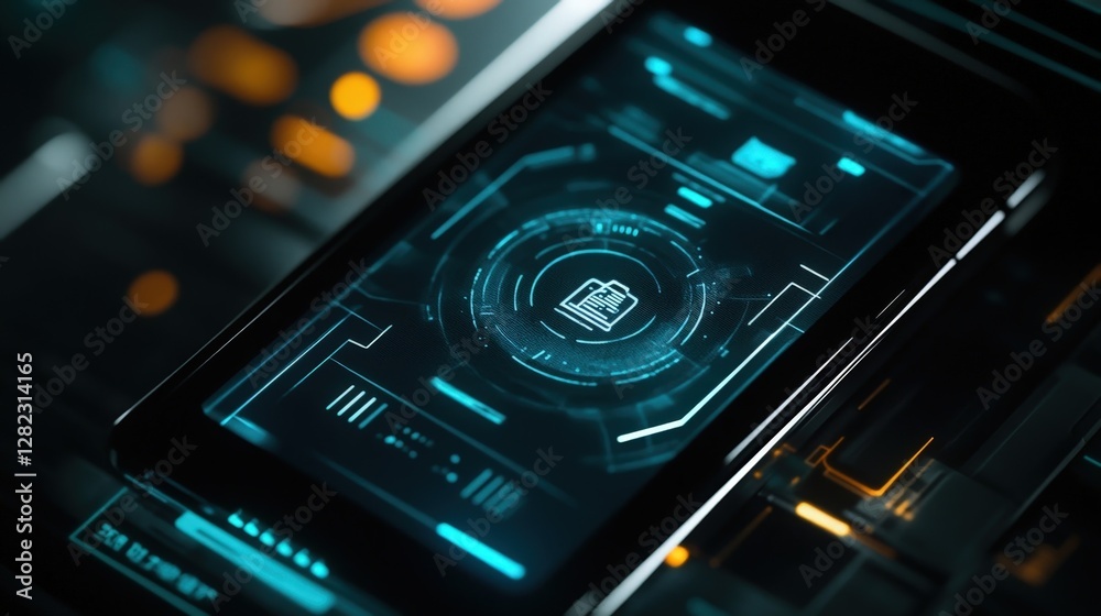 Poster futuristic smartphone displaying a document icon surrounded by glowing circles and lines, suggesting