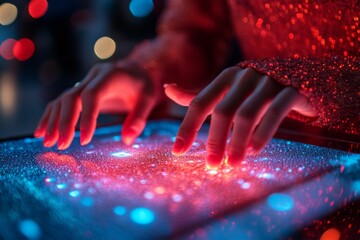 Bright colors illuminate hands interacting with a glowing touchscreen panel at an event during the evening