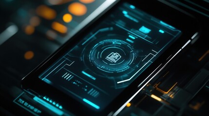 Fototapeta premium Futuristic smartphone displaying a document icon surrounded by glowing circles and lines, suggesting data analysis, file management, or cyber security within a technological environment