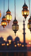 Obraz premium Decorative hanging lanterns illuminated against a blurred building silhouette at dusk creating a festive atmosphere