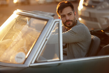 Thinking, road trip or man in car in city for solo holiday, outdoor travel or vacation. Driver,...