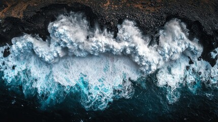 Aerial view of waves crashing against rocky coastline, nature, ocean, beach
