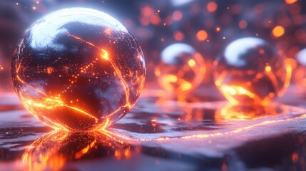 Obraz premium Glassy Spheres with Orange Glowing Lines on Wet Surface in Dark Abstract Space