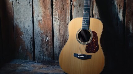 Acoustic Guitar Leaning Against Rustic Wooden Wall