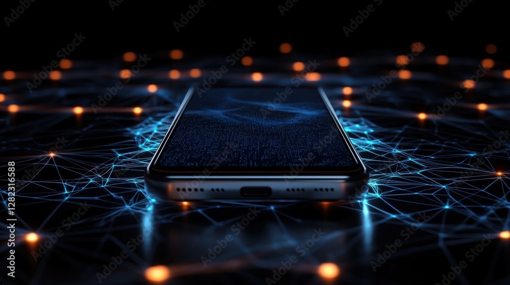 Poster futuristic smartphone displaying transforming data stream laying on network of connected dots repres