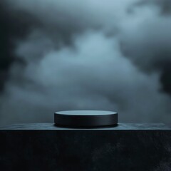Dark moody background with a black cylindrical platform.