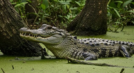 Obraz premium Behold, the ancient enigma unfolds as a majestic alligator reigns within a swamp’s shadowy depths, its cunning presence entwined with tangled roots and still waters, captured in a low-angle shot,