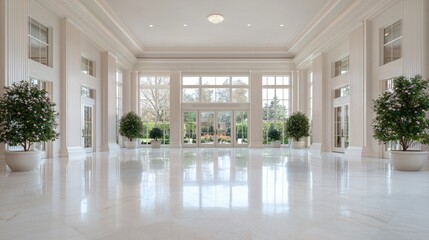 Fototapeta premium Spacious luxury mansion lobby features polished white marble floors and large windows overlooking a green garden during daytime.