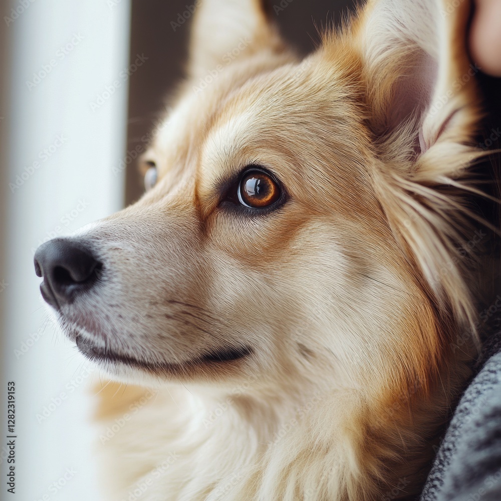 Aufkleber dog gazing through a window while being held by a person in a cozy indoor setting. generative ai