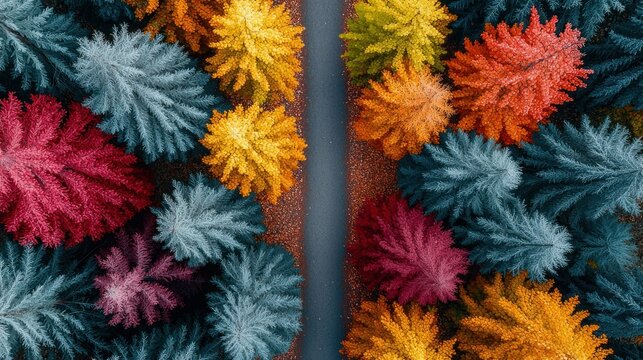 Aerial view road through colorful autumn trees, background for nature travel ads