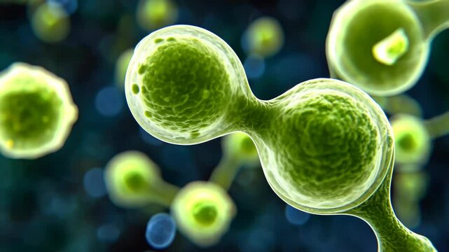 Microscopic view of budding yeast cells, showing cell division and growth.