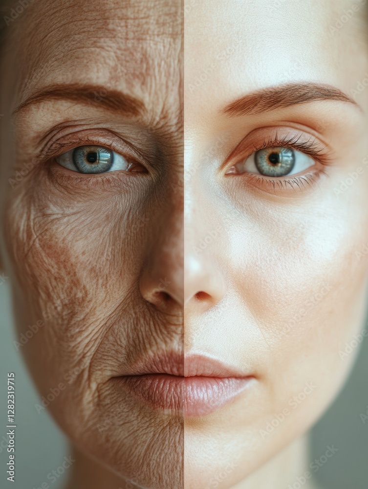 Leinwandbilder transformation of aging to youthfulness in a captivating split face comparison of skin condition. ge