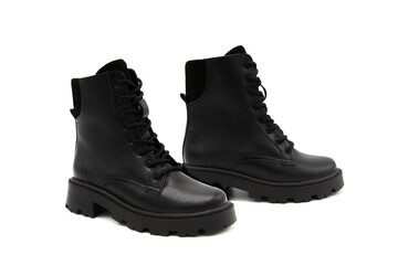 Fashionable leather lace-up boots with heels isolated on white background. View from all sides. Zipper clasp.	