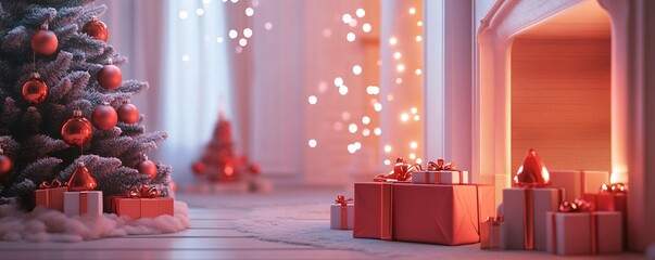 Christmas tree and gifts illuminating a cozy living room with fireplace