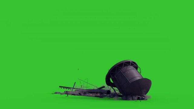 Steel tower ground explosion collapse green screen
