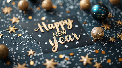 Festive Happy New Year card surrounded by golden and teal ornaments, confetti and stars on dark background.