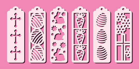 Set of vertical bookmarks with Easter pattern. Vector designs witn cross, eggs, bunny and carrot. Laser cut template. Decorative bookmark stencil for paper, wood and metal cutting