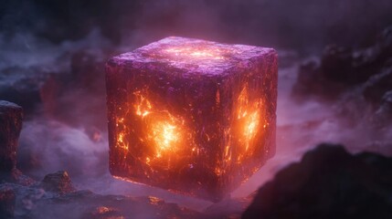 Glowing Purple Cube Floating Amidst Volcanic Rock and Lava Stone Ground