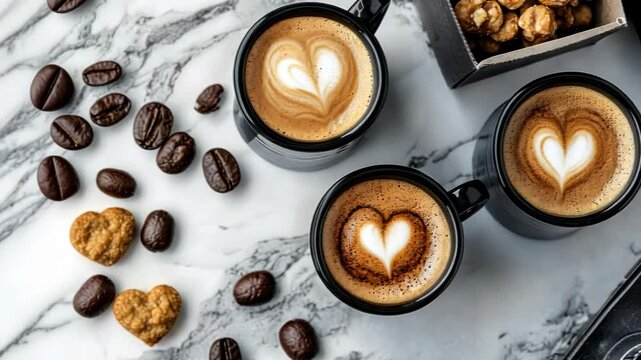 Three cups of latte art coffee with heart shapes, coffee beans, and cookies on a marble surface.