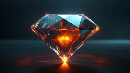 Abstract Diamond Gemstone with Faceted Surface and Orange Interior Glow on Dark